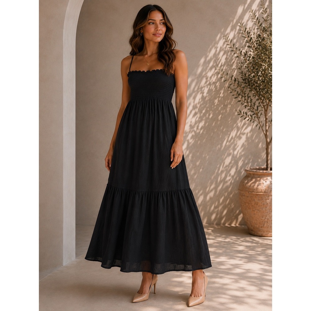 Anthropologie Marisol Smocked Gauze Maxi Dress Black Tiered Cotton Large